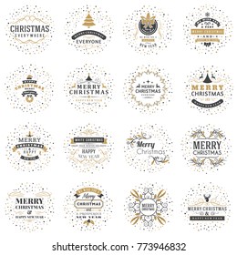 Set of Merry Christmas and Happy New Year Decorative Badges for Greetings Cards or Invitations. Vector Illustration. Typographic Design Elements. Golden and Black Color Theme