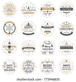 Set of Merry Christmas and Happy New Year Decorative Badges for Greetings Cards or Invitations. Vector Illustration. Typographic Design Elements. Golden and Black Color Theme