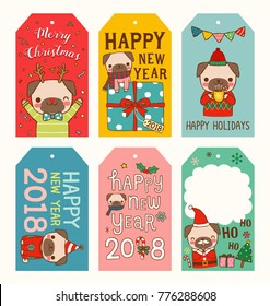 Set of merry christmas and happy new year 2018 gift tags and cards. Year of dog. Cute cartoon pug smiling, celebrating. Flat design. Colored vector illustration.