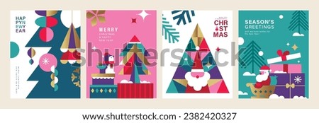 Set of Merry Christmas and Happy New Year 2024 vector illustration for greeting cards, posters, holiday covers in modern minimalist geometric style.