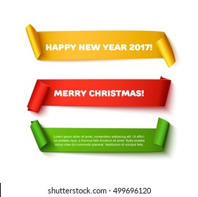 Set of Merry christmas and HNY red, green, gold realistic curved paper roll ribbon banner isolated on white background. Detailed New year 2017 and Xmas paper ribbon for web advertising, promo, sale