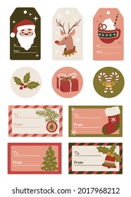 Set of merry christmas holiday santa claus, reindeer, candycane, gift and socks for christmas tags 