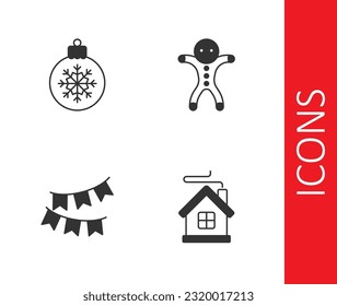 Set Merry Christmas house, ball, Carnival garland with flags and Holiday gingerbread man cookie icon. Vector