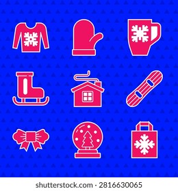 Set Merry Christmas house, snow globe, shopping bag, Snowboard, Bow tie, Figure skates, Coffee cup with snowflake and sweater icon. Vector