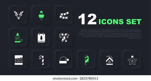 Set Merry Christmas house, star, day calendar, Firework rocket, Burning candle, Candy cane with stripes, toy and Santa Claus hat icon. Vector