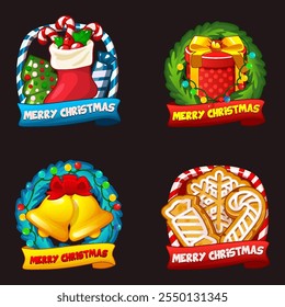 Set of Merry Christmas icons for your design greeting cards, stickers, sites or 2D games. Vector stickers or signs