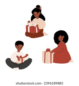 Set of Merry Christmas illustrations vector clipart, family decorating Christmas tree, diverse character giving present, children opening gifts, fireplace, home decore, Flat style images.