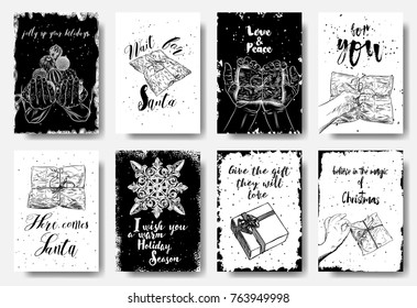 Set of Merry Christmas, Jolly up your holidays, Wait for Santa, Love and Peace, Here comes Santa, Warm Holiday Season, Believe in the magic hand drawn greeting cards, Calligraphic artwork. Vector