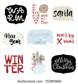 Set of Merry Christmas lettering and drawing. Holiday concept. Winter concept.