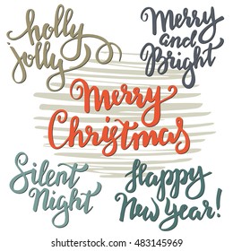 Set of Merry Christmas lettering. Vector hand written unique xmas design elements isolated on white background. Quotes for congratulation cards, banners and flyers.