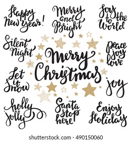 Set of Merry Christmas lettering. Vector hand written unique design elements isolated on white background. Quotes for congratulation cards, banners and flyers.