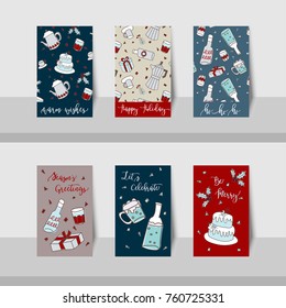 Set of Merry Christmas mini cards with party items, pattern, Christmas party holly jolly celebration, decorated scrapbook wrapping paper, gift box for season greeting in brown, red, blue colors.
