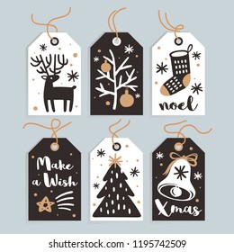 Set Merry Christmas and New Year gift tags and cards. Vector illustration