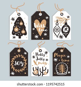 Set Merry Christmas and New Year gift tags and cards. Vector illustration