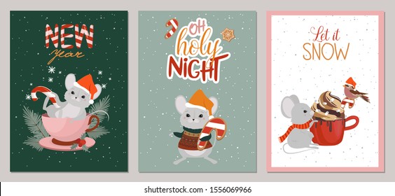 Set of Merry Christmas and New Year greeting card with cute mouse and holiday elements. Editable vector illustration