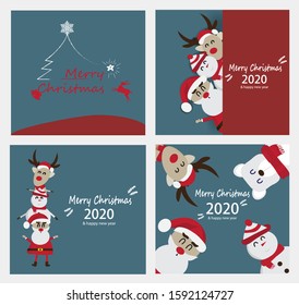 set Merry Christmas and New Year 2020 Greeting Cards with Santa Claus, Deer, Polar Bears And cute cartoon characters on the winter holidays - vector