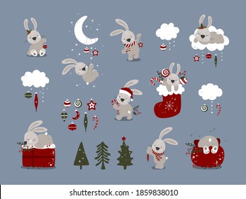 Set of Merry Christmas and New Year Cliparts with cute bunny. Vector illustration.