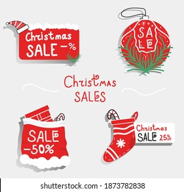 Set of Merry Christmas Or New Year special sales vector design on red background with Christmas hat, gift and candycane. Hand drawn discount for business and marketing, seasonal sale. Eps 10 vector