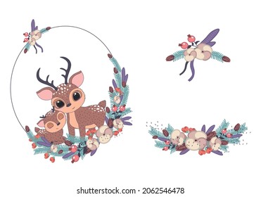 Set of Merry Christmas and New Year frames with Pine Wreath, Mistletoe, Winter plants. Cute mother with baby reindeer in Christmas wreath. Vector illustration for greetings, invitation, flyers. 
