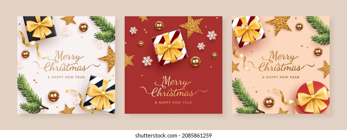Set of Merry Christmas and new year realistic square background with presents and ornaments. Vector illustration