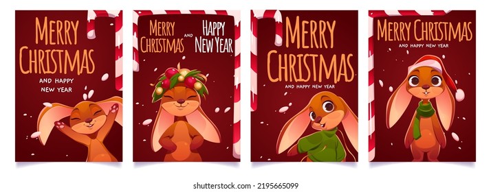 Set of Merry Christmas and New Year card templates. Vector illustration of colorful greeting postcards with cartoon bunny wearing Santa Claus hat, playing with snow, smiling. Festive congratulations