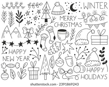 Set of Merry Christmas and New Year design element, happy holiday accessories, traditional winter decoration, seasonal drink and food, natural plant symbols in doodle style vector illustration