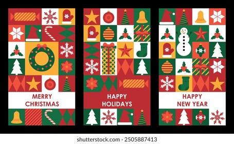 Set of Merry Christmas and New Year greeting cards. Modern abstract geometric design. Template for card, invitation, poster. Vector illustration