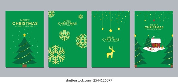 Set of Merry Christmas and New Year brochure covers. Christmas minimal banner design with decorative snowflakes in gold on green background. Vector illustration for flyer, poster or greeting card.