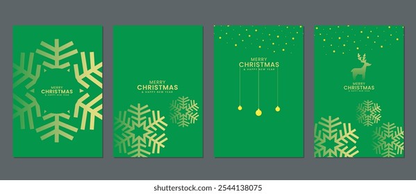 Set of Merry Christmas and New Year brochure covers. Christmas minimal banner design with decorative snowflakes in gold on green background. Vector illustration for flyer, poster or greeting card.
