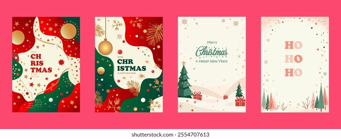 Set of Merry Christmas and New Year greeting cards. Aesthetic modern Christmas design with typography, Christmas tree branches, balls, lights. Minimal art banner, poster, cover template, backgroundSet