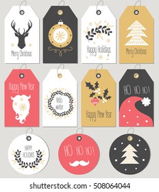 Set Merry Christmas and New Year gift tags and cards. Vector illustration