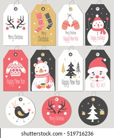 Set of Merry Christmas and New Year gift tags and cards. Vector illustration