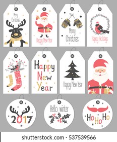 Set Merry Christmas and New Year gift tags and cards. Vector illustration 