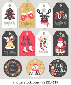 Set of Merry Christmas and New Year gift tags and cards. Vector illustration