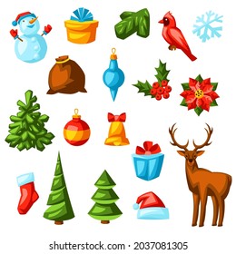 Set of Merry Christmas objects. Holiday items in cartoon style.