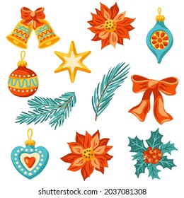 Set of Merry Christmas objects. Holiday items in vintage style.