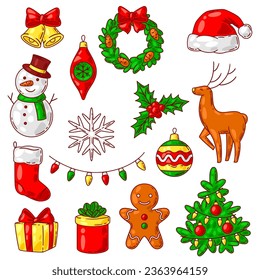 Set of Merry Christmas objects. Holiday items in cartoon style.