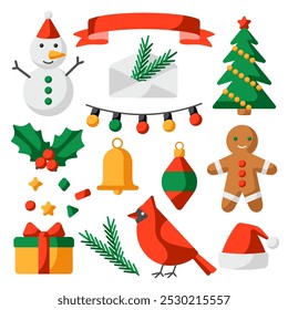 Set of Merry Christmas objects. Holiday items in cartoon style.