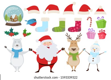 Set of Merry Christmas objects - snow globe, Santa hats, holly, bullfinch. Happy Santa Claus, deer, Polar Bear, Snowman. Vector