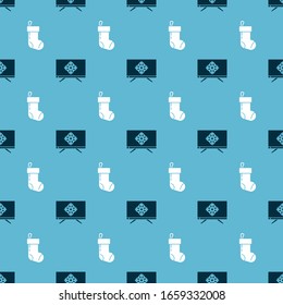 Set Merry Christmas on television and Christmas stocking on seamless pattern. Vector