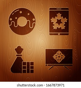 Set Merry Christmas on television, Donut with sweet glaze, Gift box and bag and Christmas on smartphone and snowflake on wooden background. Vector