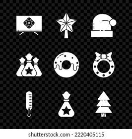 Set Merry Christmas on television, star, Santa Claus hat, Meteorology thermometer measuring, bag gift, tree,  and Donut with sweet glaze icon. Vector