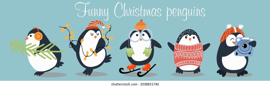 A set of merry Christmas penguins, winter penguins, with a Christmas tree, a garland, on skates, in a sweater and with a camera.