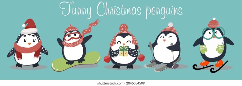 Set of merry Christmas penguins, winter penguins, with a gift, in hats, snowboarding, ice skating.