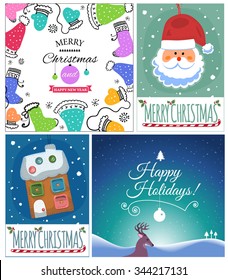 Set of Merry Christmas post card templates. Designed text. Vector illustration.