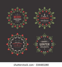 Set of Merry Christmas Postcard Decorative Greetings with Hand Drawn Design Elements. Vector Illustration on Dark Background
