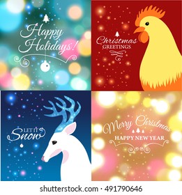 Set of Merry Christmas postcard with designed text. Vector illustration.