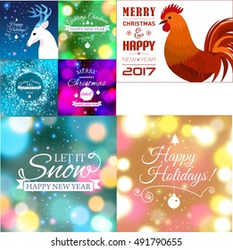 Set of Merry Christmas postcard with designed text. Vector illustration.