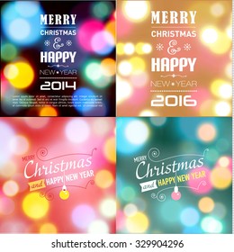 Set of Merry Christmas postcards with bokeh lights. Designed text. Vector illustration.