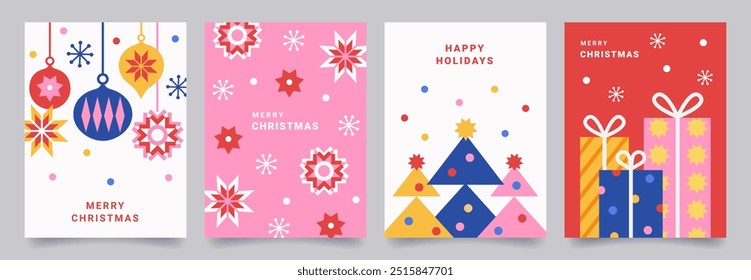 Set of Merry Christmas poster or greeting card. Trendy modern design with gifts, holly, snowflakes, branches Christmas tree decorated  balls and toys. Vector templates for banner, holiday cover.